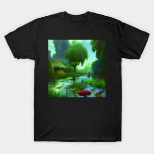 Digital Painting Scene Of a Lake Between Many Plants,  Scenery Nature T-Shirt